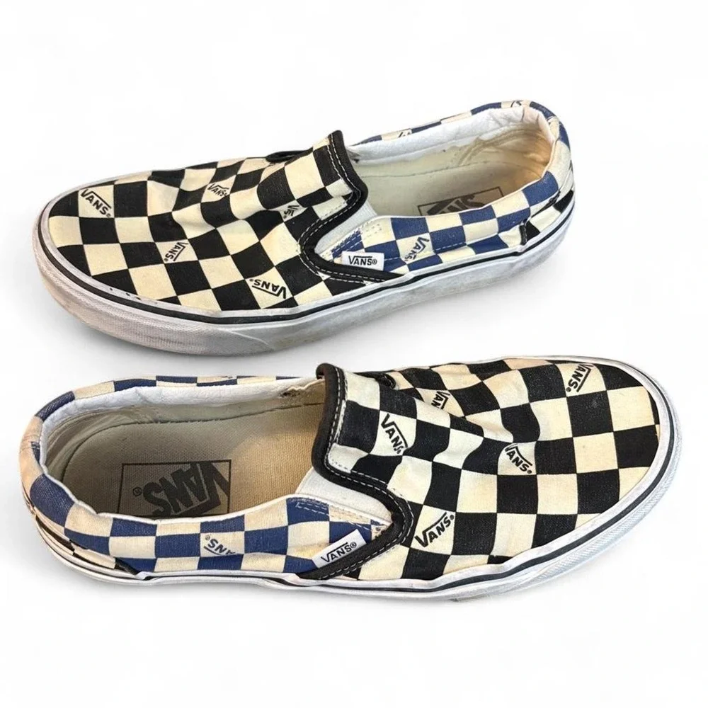 Vans Classic Slip On Checkerboard Men 8.5 Women 10 Black Blue Logo Skate Shoes